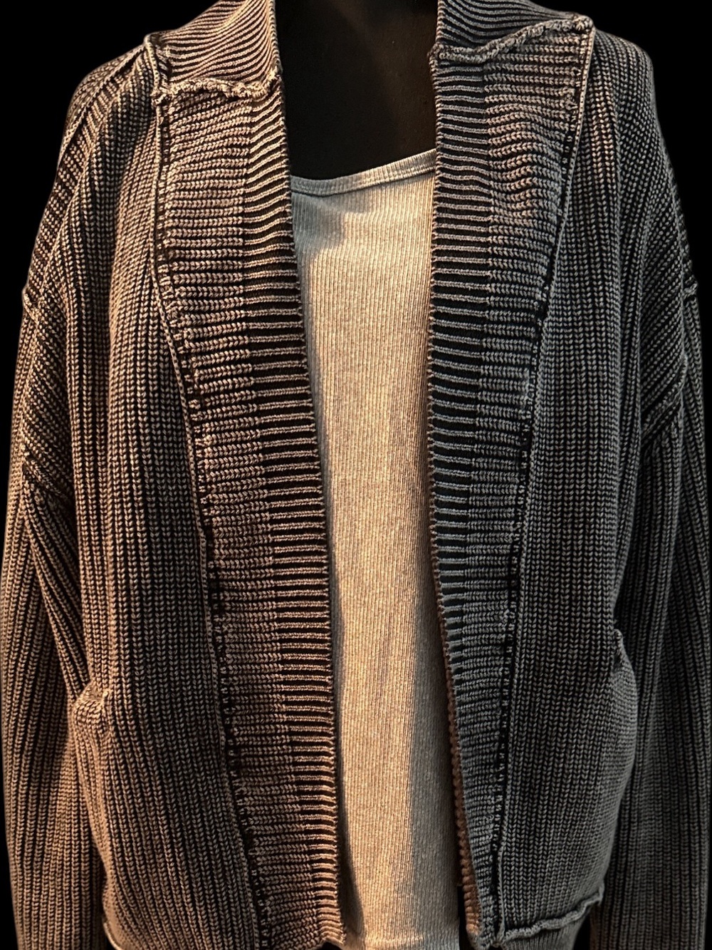 Women’s  Ribbed Open-Front Sweater Cardigan - Gray - pocket - reversed stitching